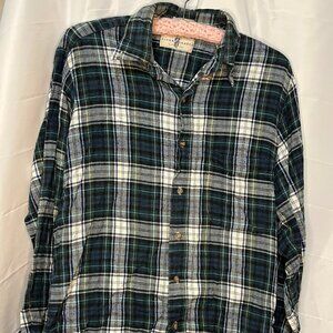 Vintage RIVER TRADER Cotton Flannel Green Blue Plaid Button Shirt Mens Medium